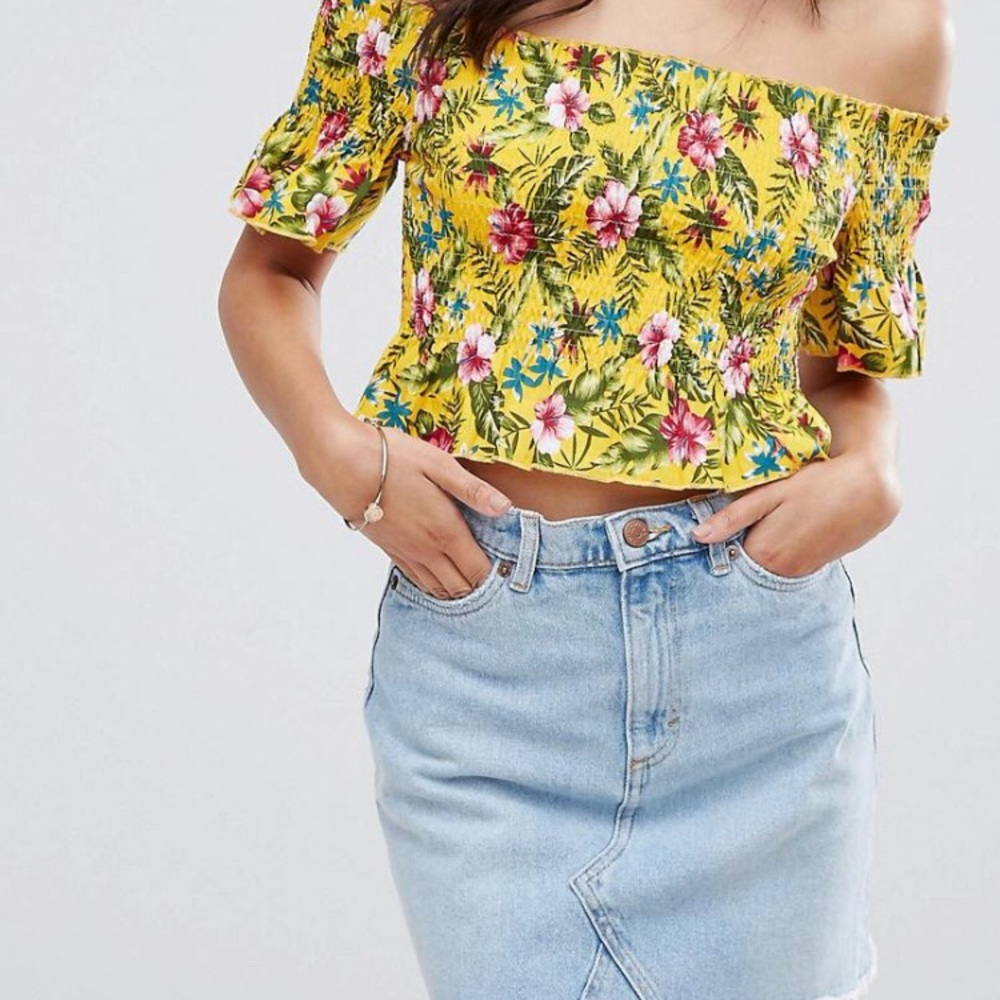 Missguided Tropical Print Shirred Waist Bardot Top